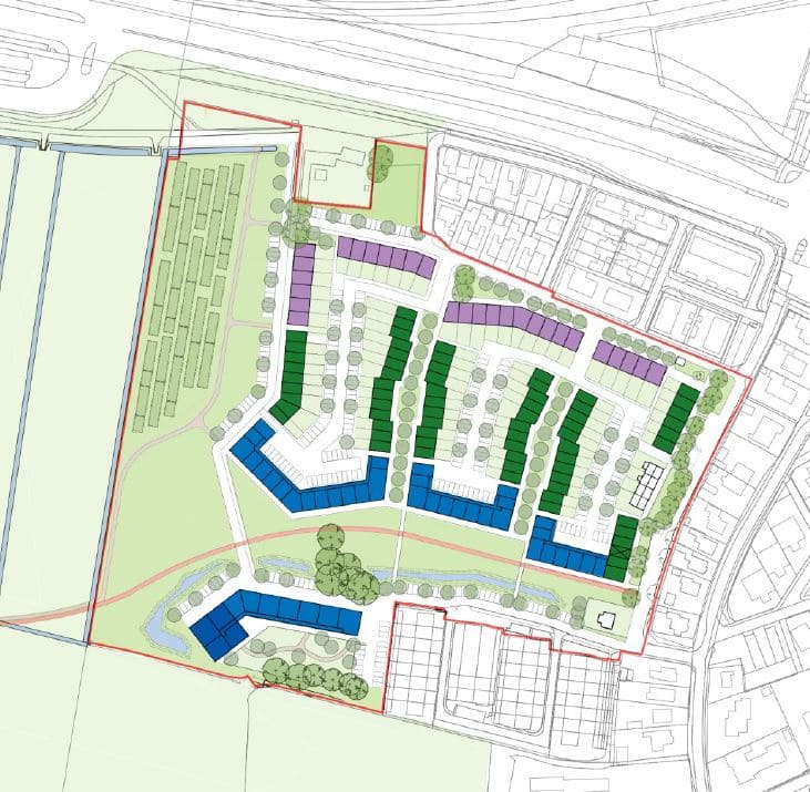 Tekening van het voorlopig ontwerp. In het plangebied ziet u drie type woningen die worden aangegeven met de kleuren groen, paars en blauw.